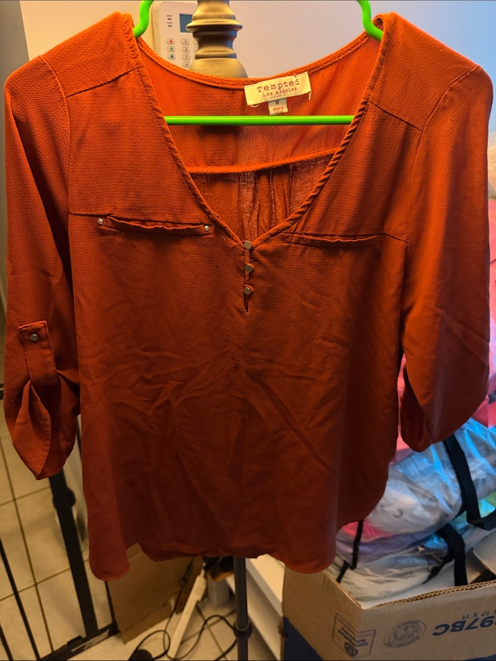 Tempted Women's Rust Orange V-Neck Button Blouse